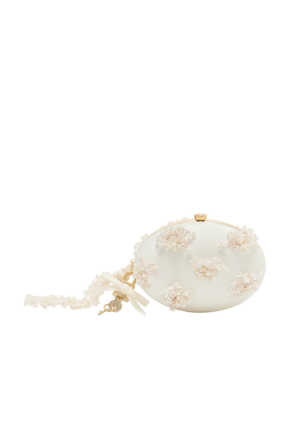 Cream Satin Floral Beaded Oval Clutch