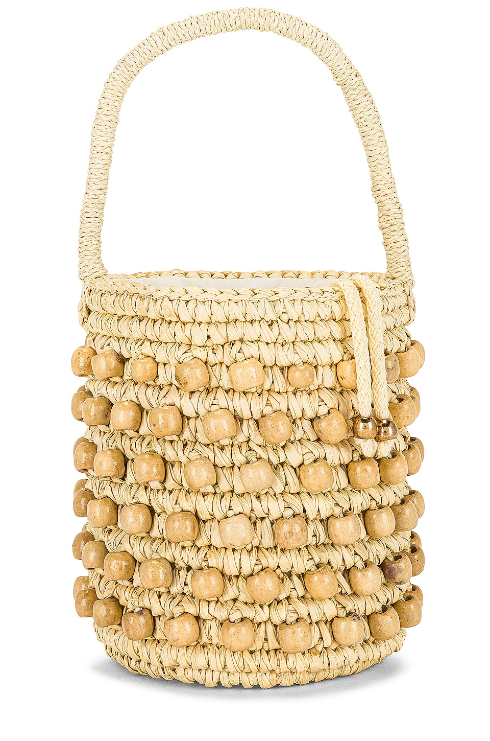 SENSI STUDIO Wood Beaded Mini Bucket Bag in Natural Straw & Beads | REVOLVE