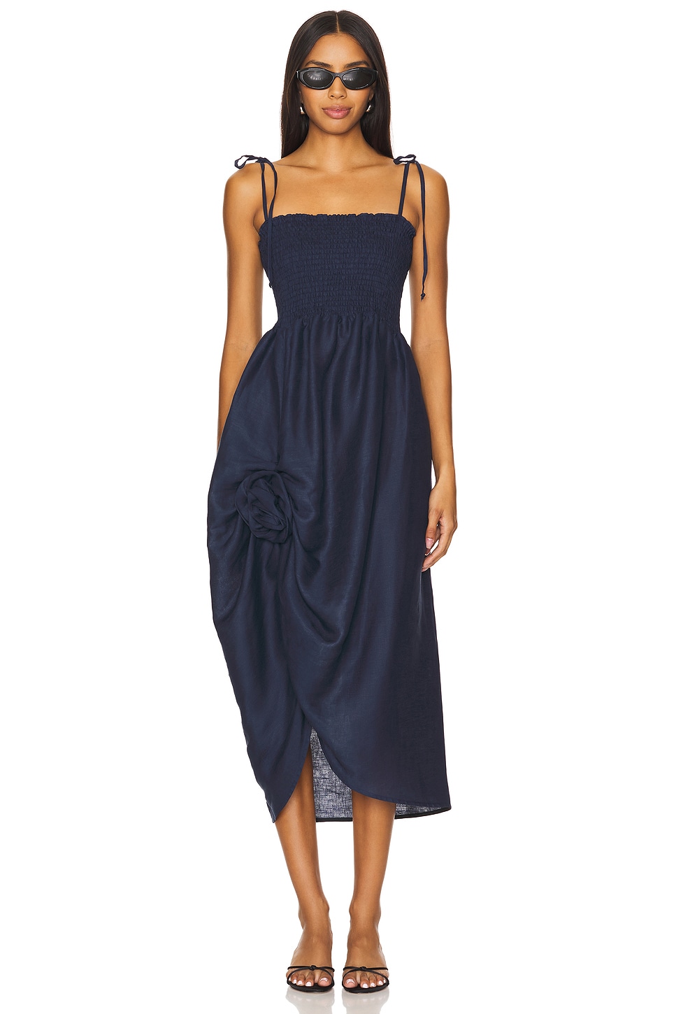 Atlanta Linen Strap Dress With Rose Detail
