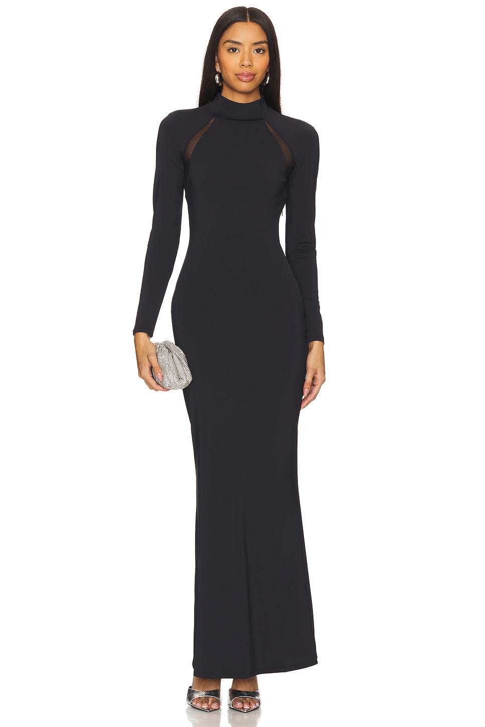 sachin and babi light blue dress SEROYA Krystal Maxi Dress With Mesh Paneling in Black