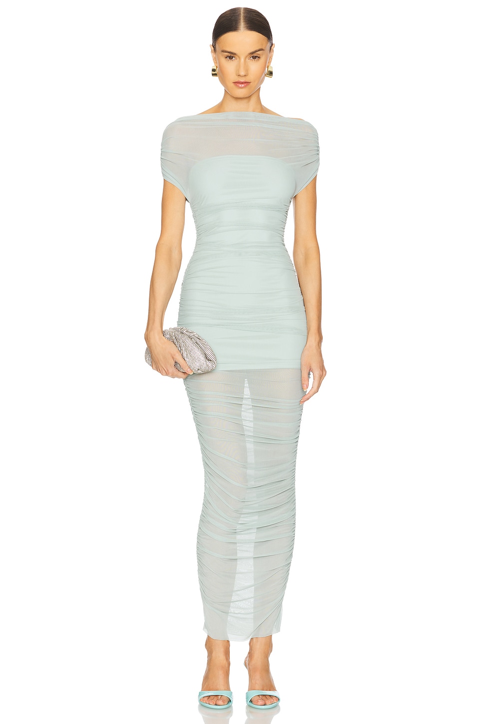 flowy off the shoulder dress Elegant Off Shoulder Chiffon Bridesmaid Dress With High Slit Design