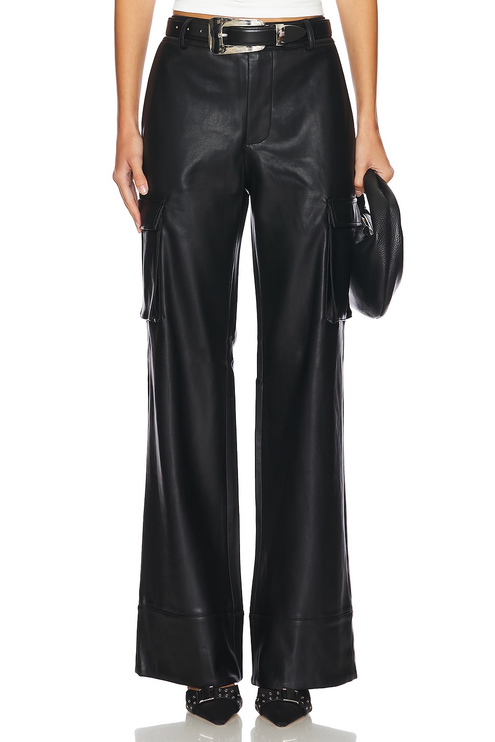 【FREY】FORM PANTS/Leather black Tacked Leather Flared Trousers - Black | Manière De Voir USA