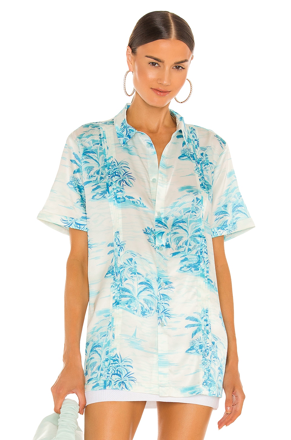 SER.O.YA Whit Silk Button Down Shirt in Blue Seroya Island | REVOLVE