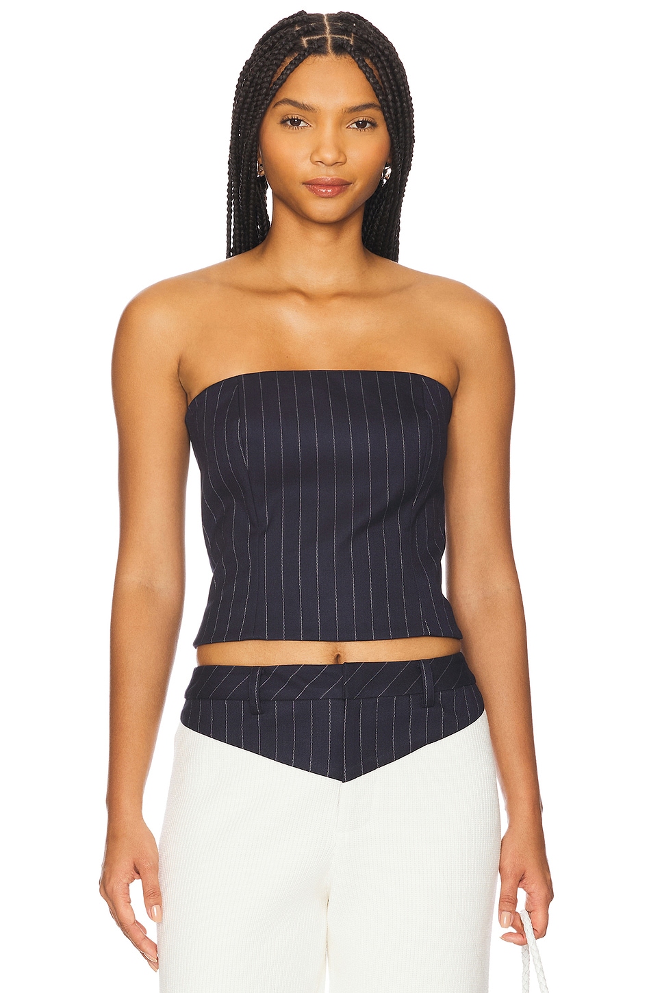 SEROYA Bridgette Bustier Top in Navy Pinstripe | REVOLVE