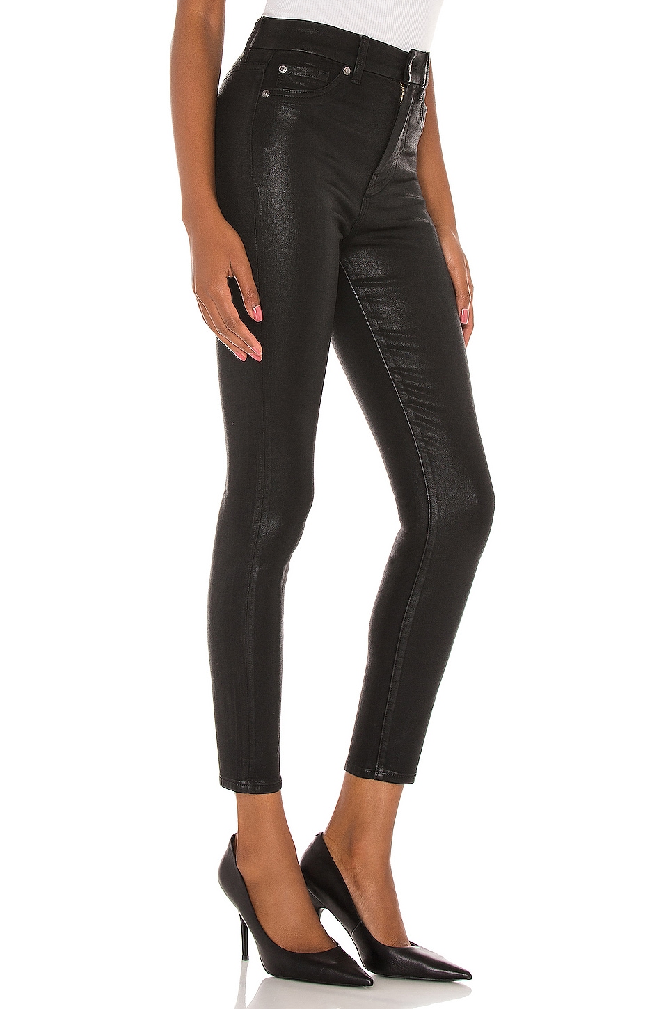 7 For All Mankind The High Waist Ankle Skinny With Faux Pockets in Black Coated