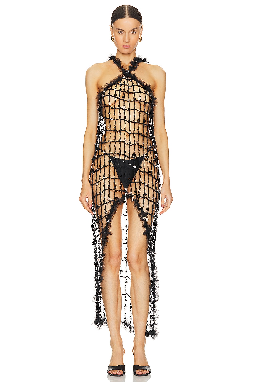 Susan Fang Crochet Beaded Sheer Dress in Black