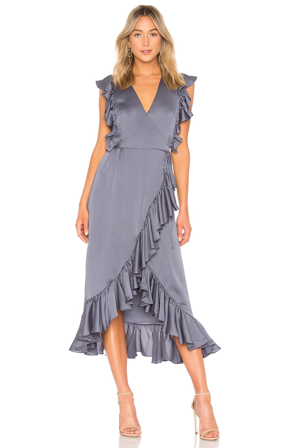 SHONA JOY LUXE RUFFLE WRAP MIDI DRESS