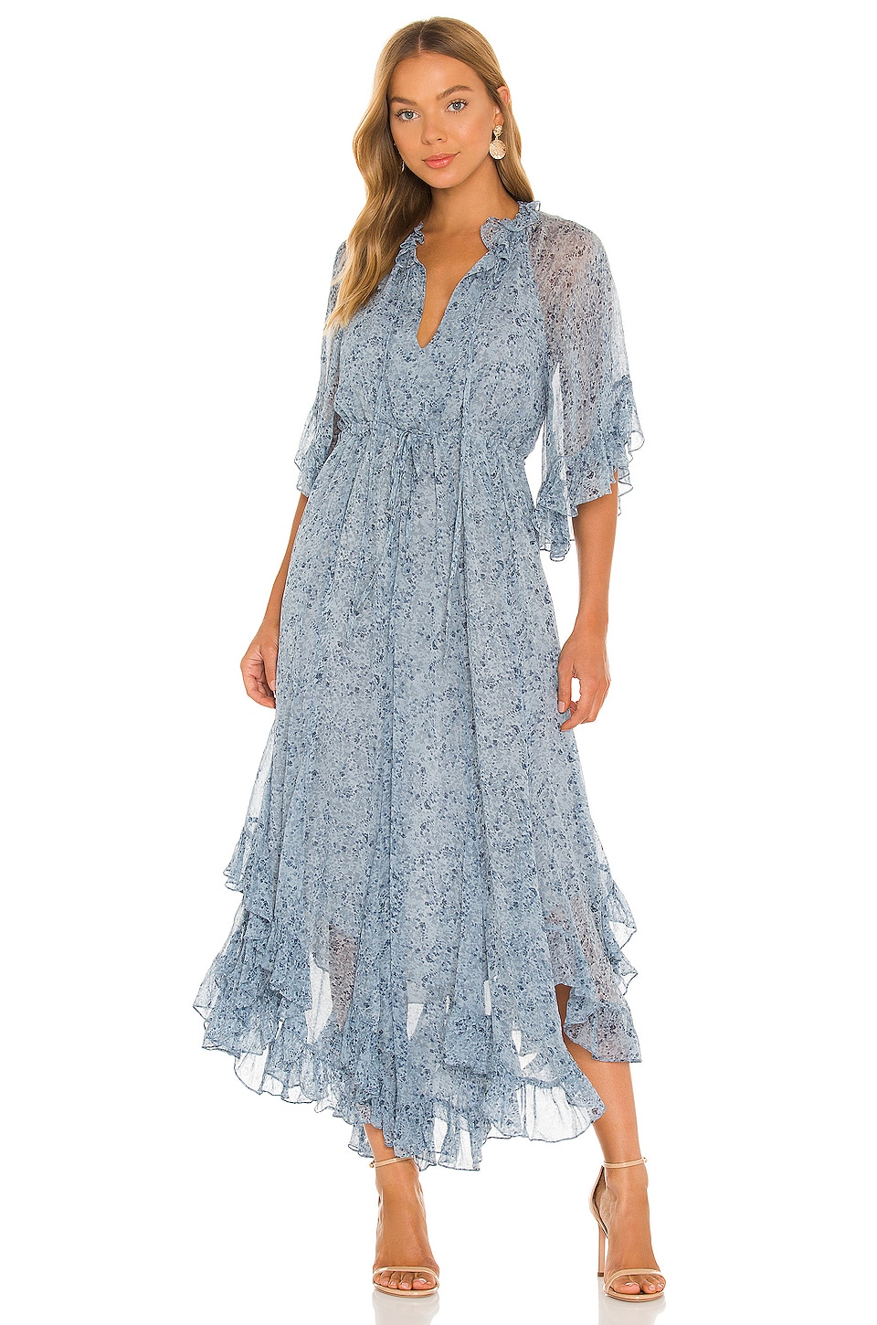 Shona Joy Harmony Flutter Sleeve Midi Dress in Blue Smoke/Multi | REVOLVE