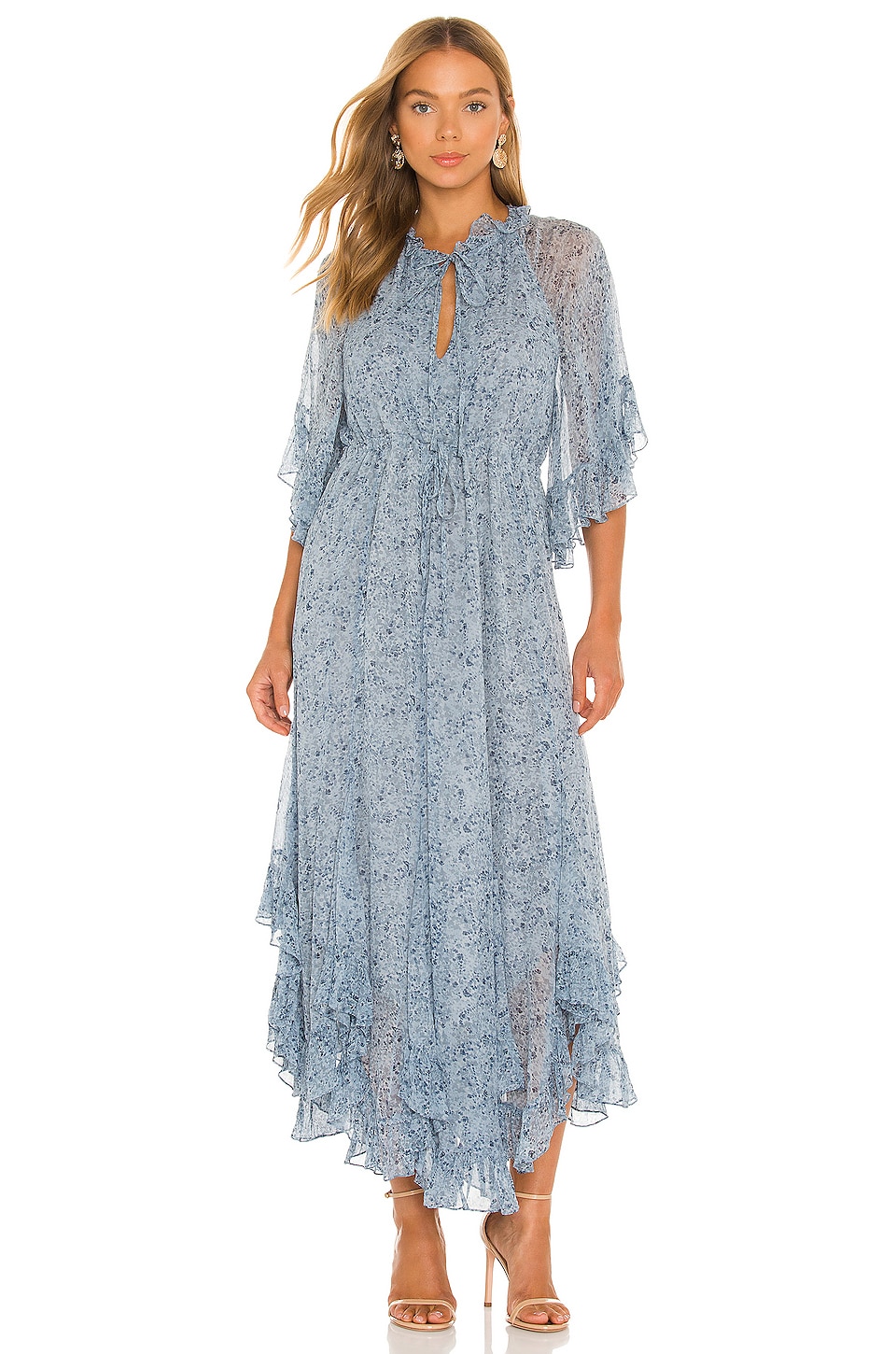 Shona Joy Harmony Flutter Sleeve Midi Dress in Blue Smoke/Multi | REVOLVE