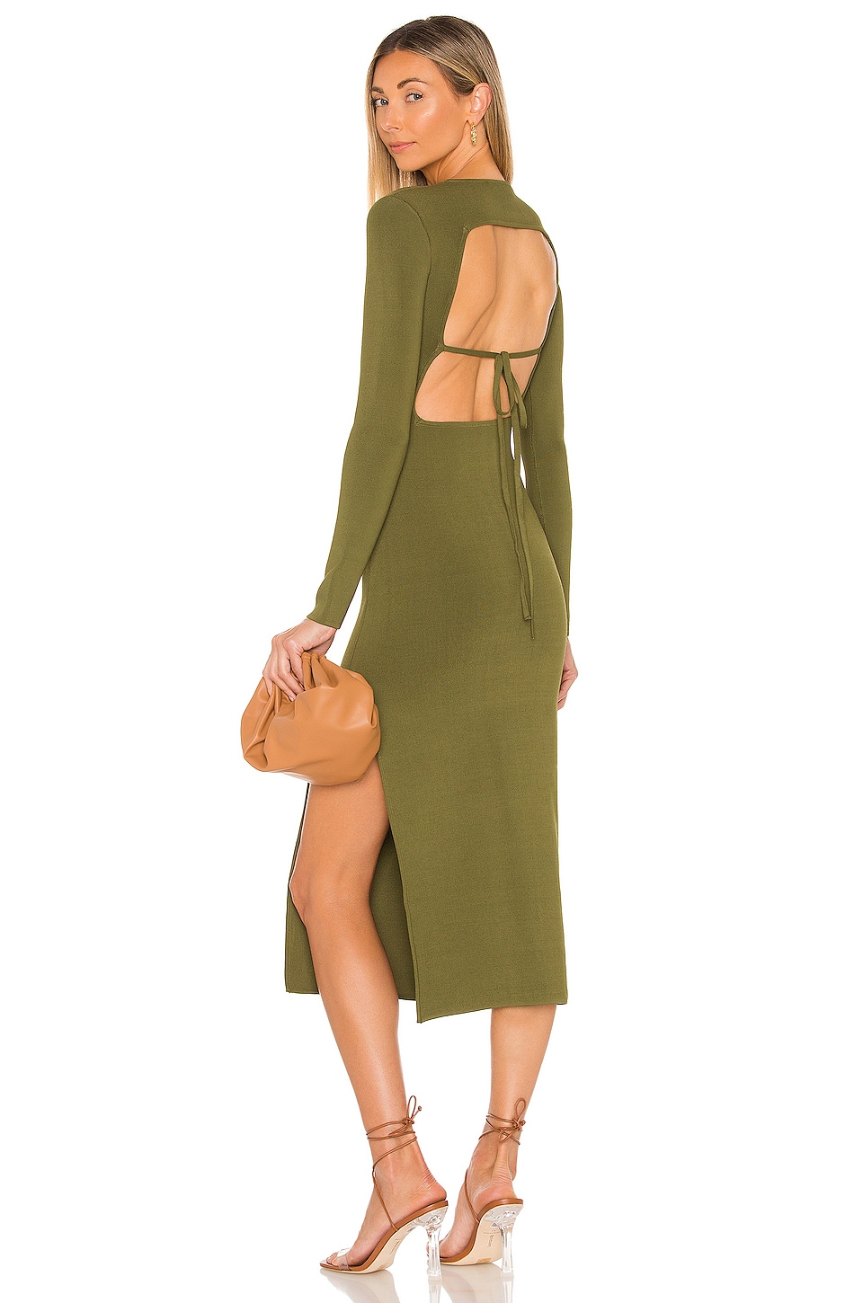 Shona Joy Lyon Long Sleeve Backless Midi Dress in Olive