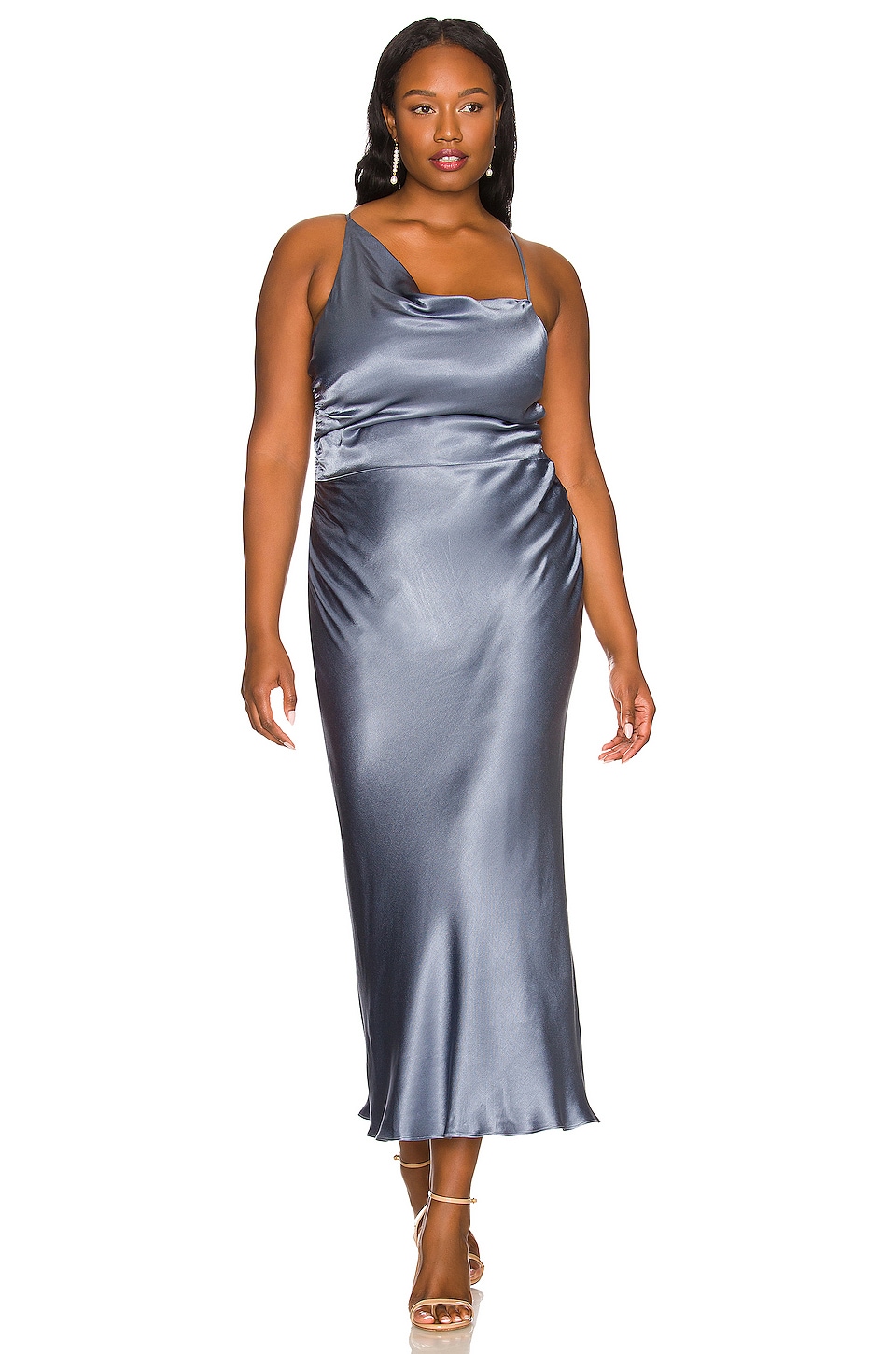 La Lune Asymmetrical Bias Cowl Midi Dress - Thumbnail 3