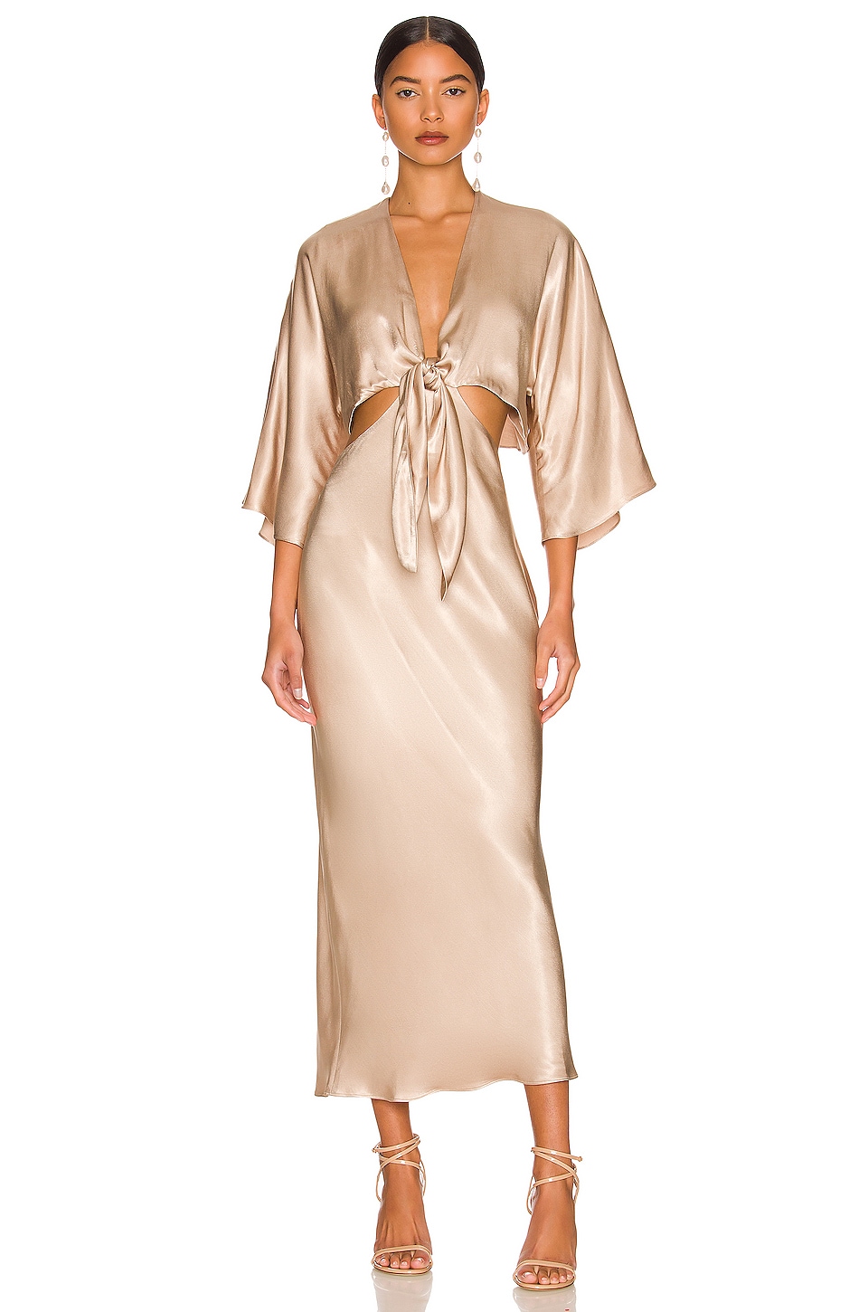 La Lune Tie Front Bias Midi Dress, Gold, Dresses