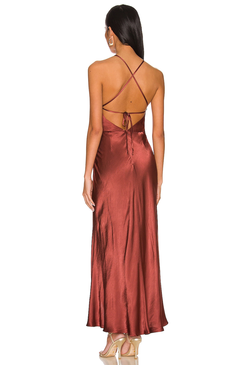 Shona Joy Thalia Gathered Square Neck Bias Midi Dress in Sangria