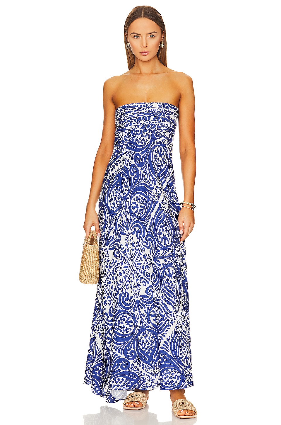 Shona Joy Pombeline Strapless Corded Maxi Dress in Ivory & Deep Blue