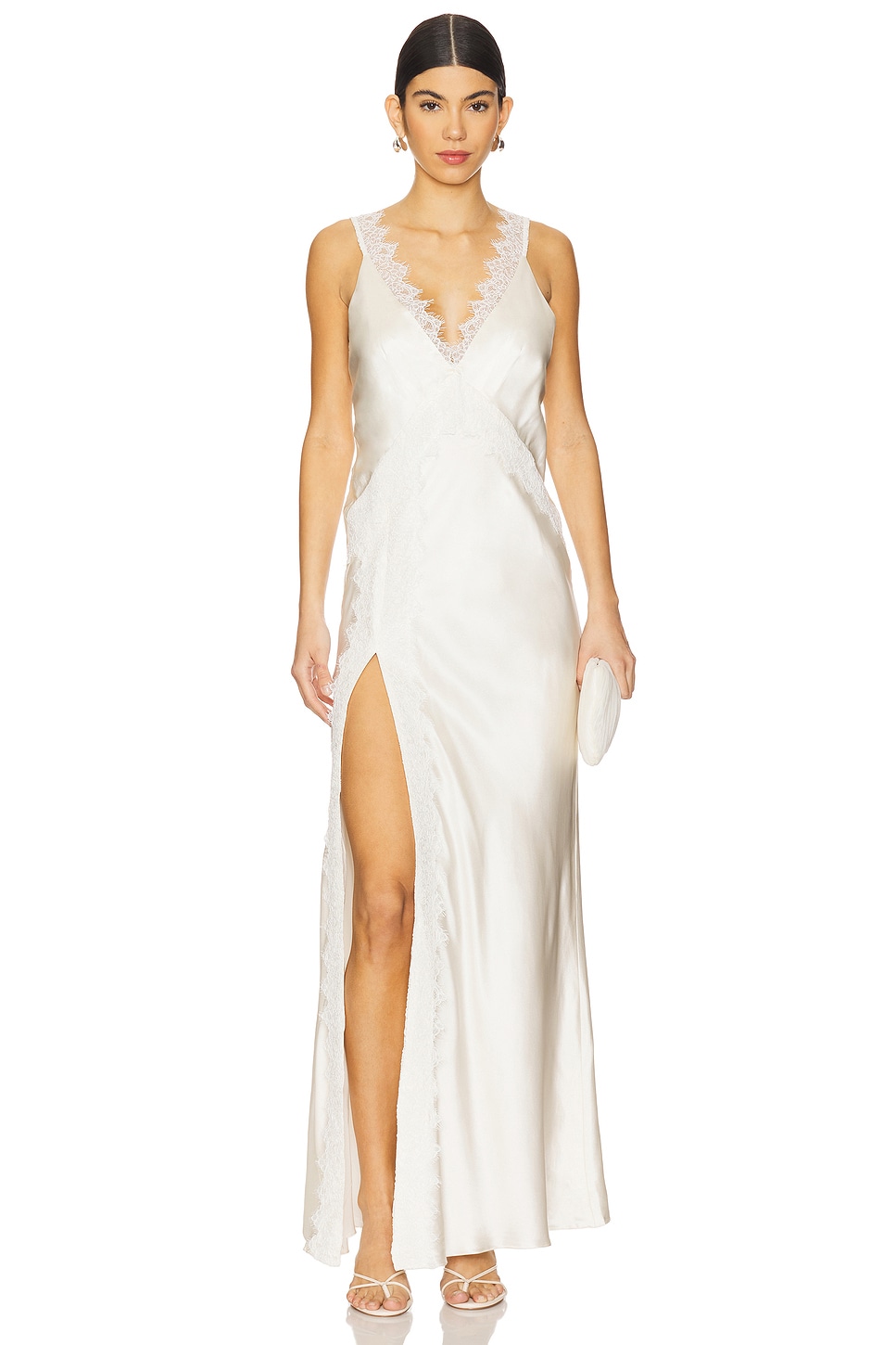 Shona Joy La Lune Cumulus Silk Lace Strap Split Maxi Dress in Ivory |  REVOLVE
