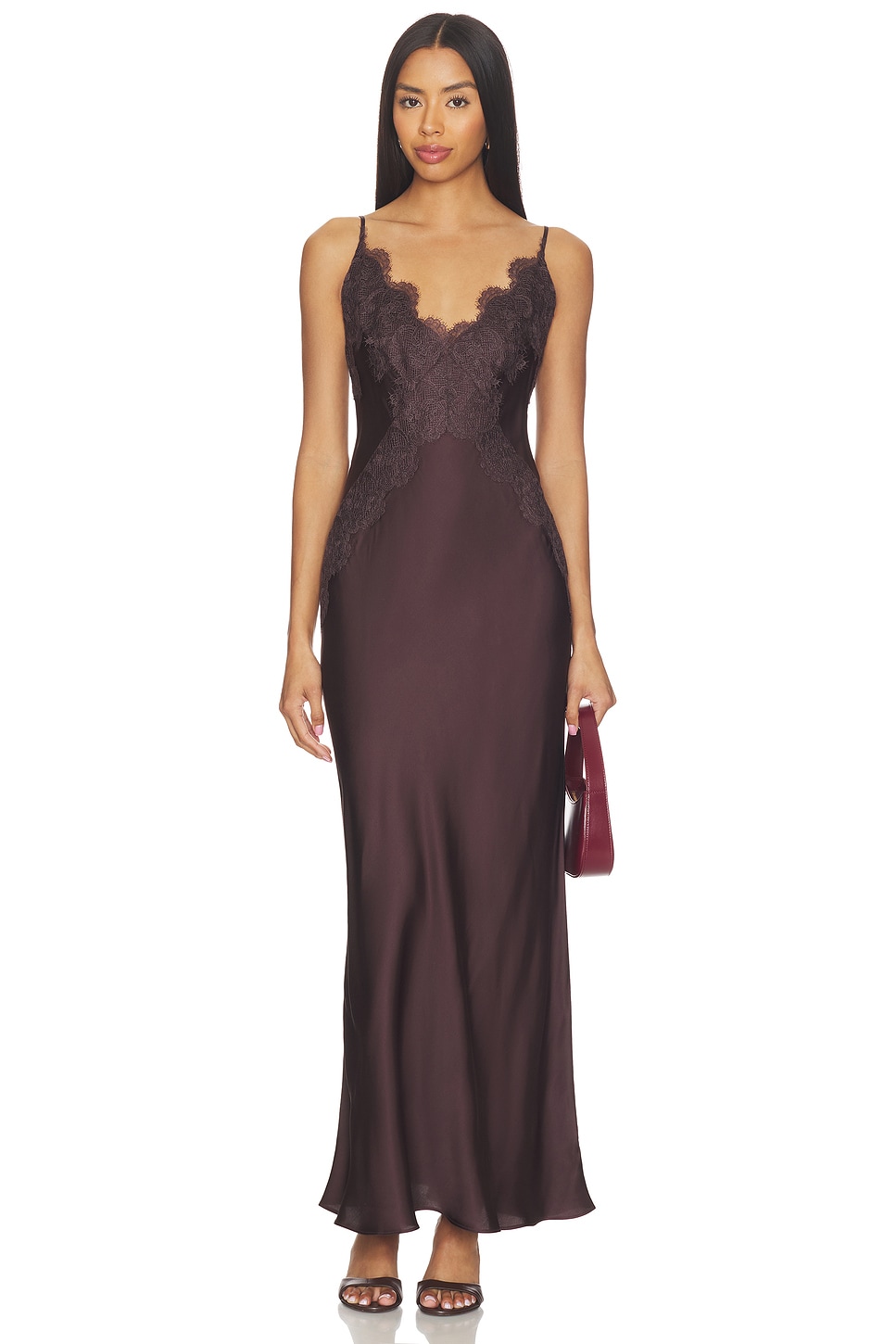 Shona Joy Simona Lace Slip Maxi Dress in Espresso | REVOLVE