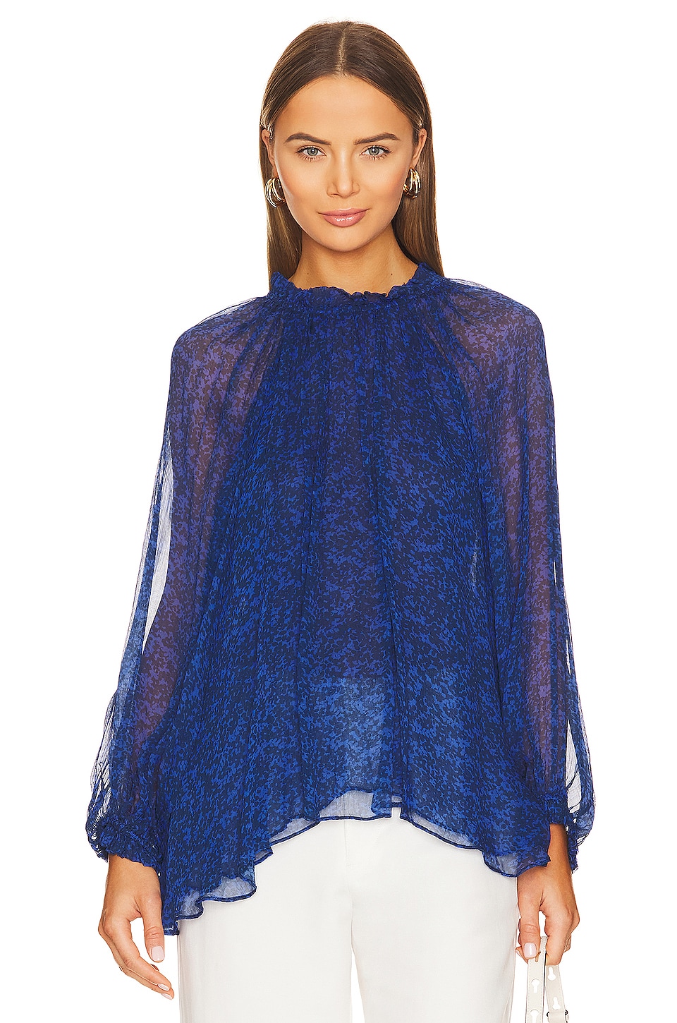 Shona Joy Gathered High Neck Blouse in Strong Blue & Deep Blue