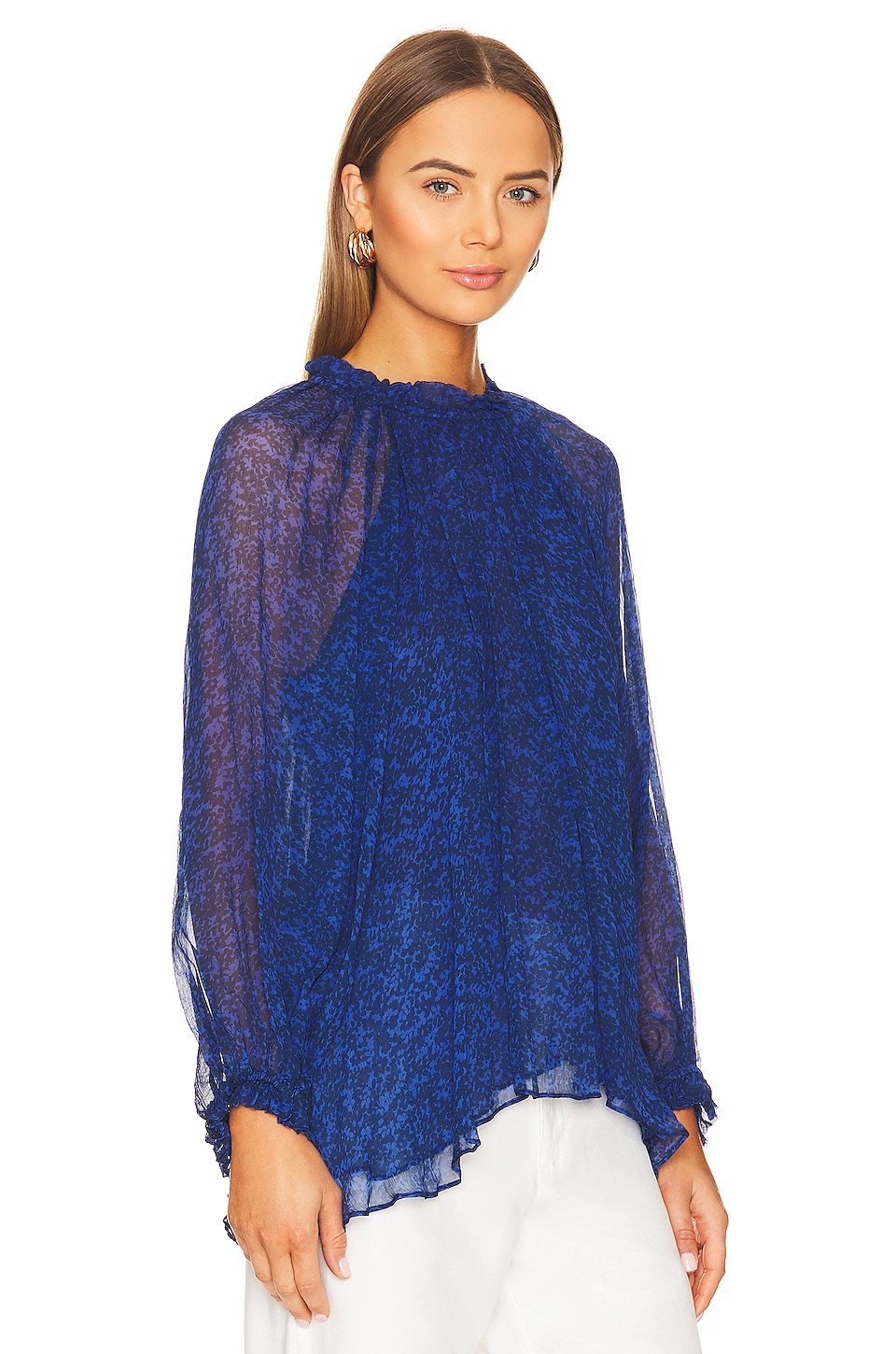 Shona Joy Gathered High Neck Blouse in Strong Blue & Deep Blue