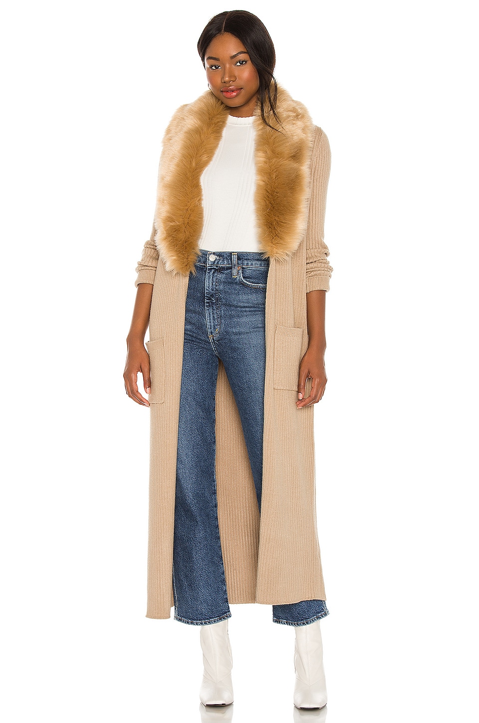 Show Me Your Mumu Lombardi Long Cardigan in Taupe With Faux Fur