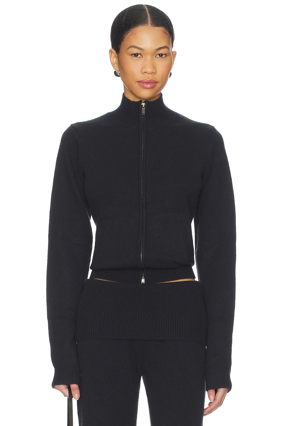 SKIMS Wool Cashmere Zip Up Mock Neck Sweater in Onyx | REVOLVE