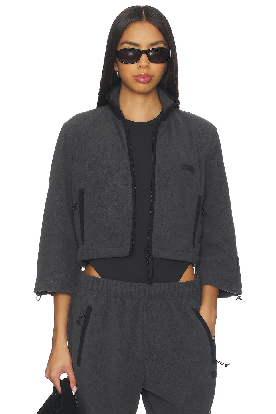 SKIMS Fleece Lounge Shrunken Zip Up in Ash Contrast | REVOLVE