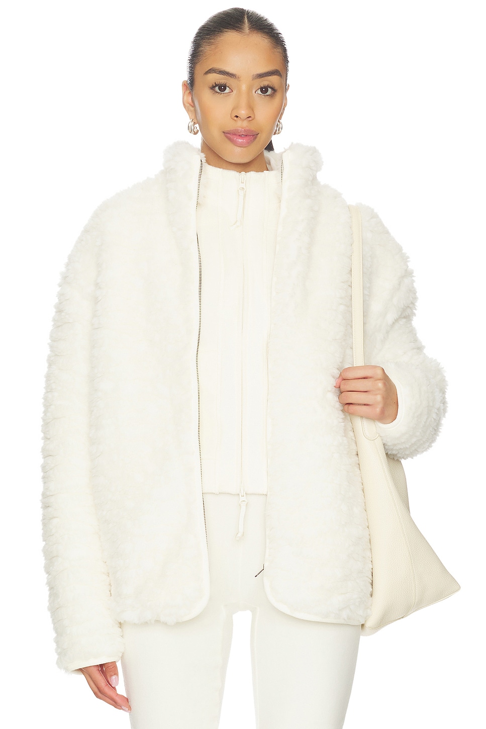 SKIMS Faux Fur Zip Up Mock Neck Jacket in Egret | REVOLVE