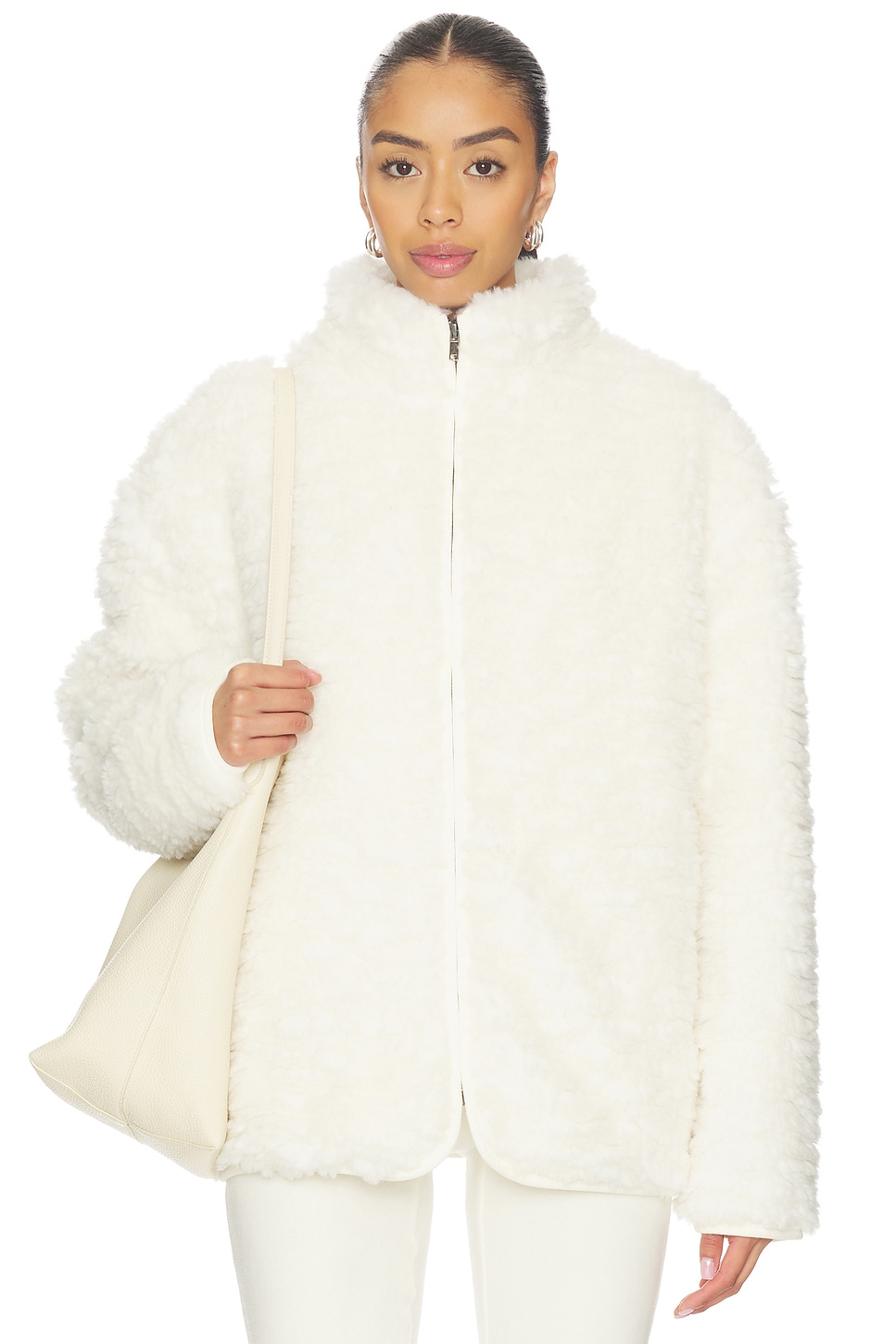 SKIMS Faux Fur Zip Up Mock Neck Jacket in Egret | REVOLVE