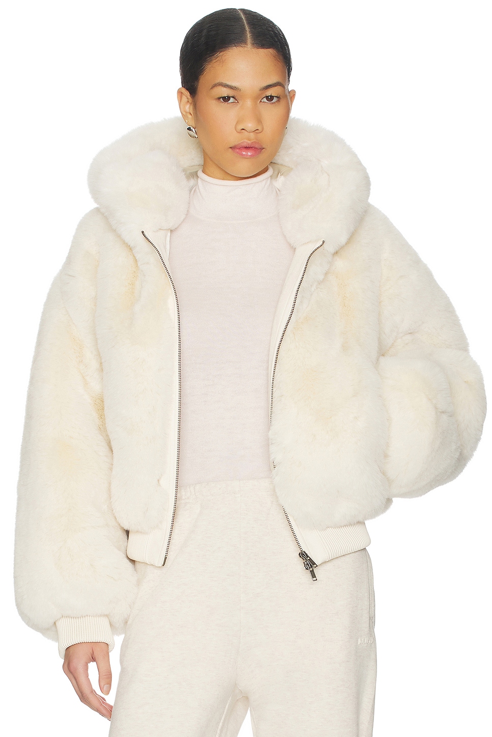 SKIMS Faux Fur Shrunken Zip Up Jacket in Egret | REVOLVE