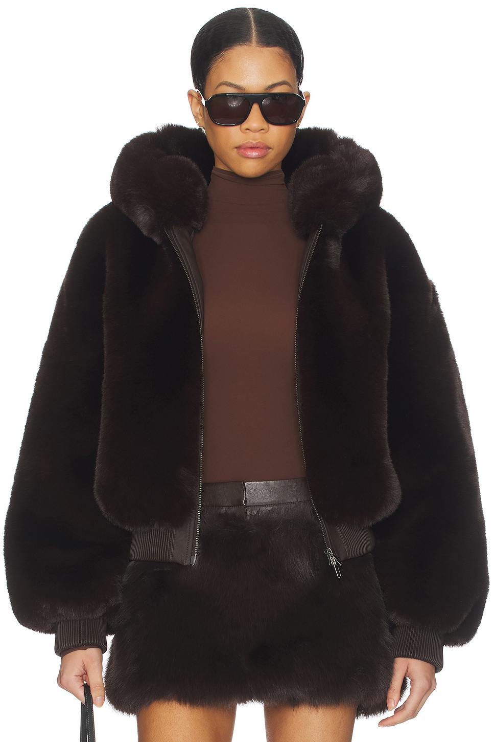 SKIMS Faux Fur Shrunken Zip Up Jacket in Espresso | REVOLVE