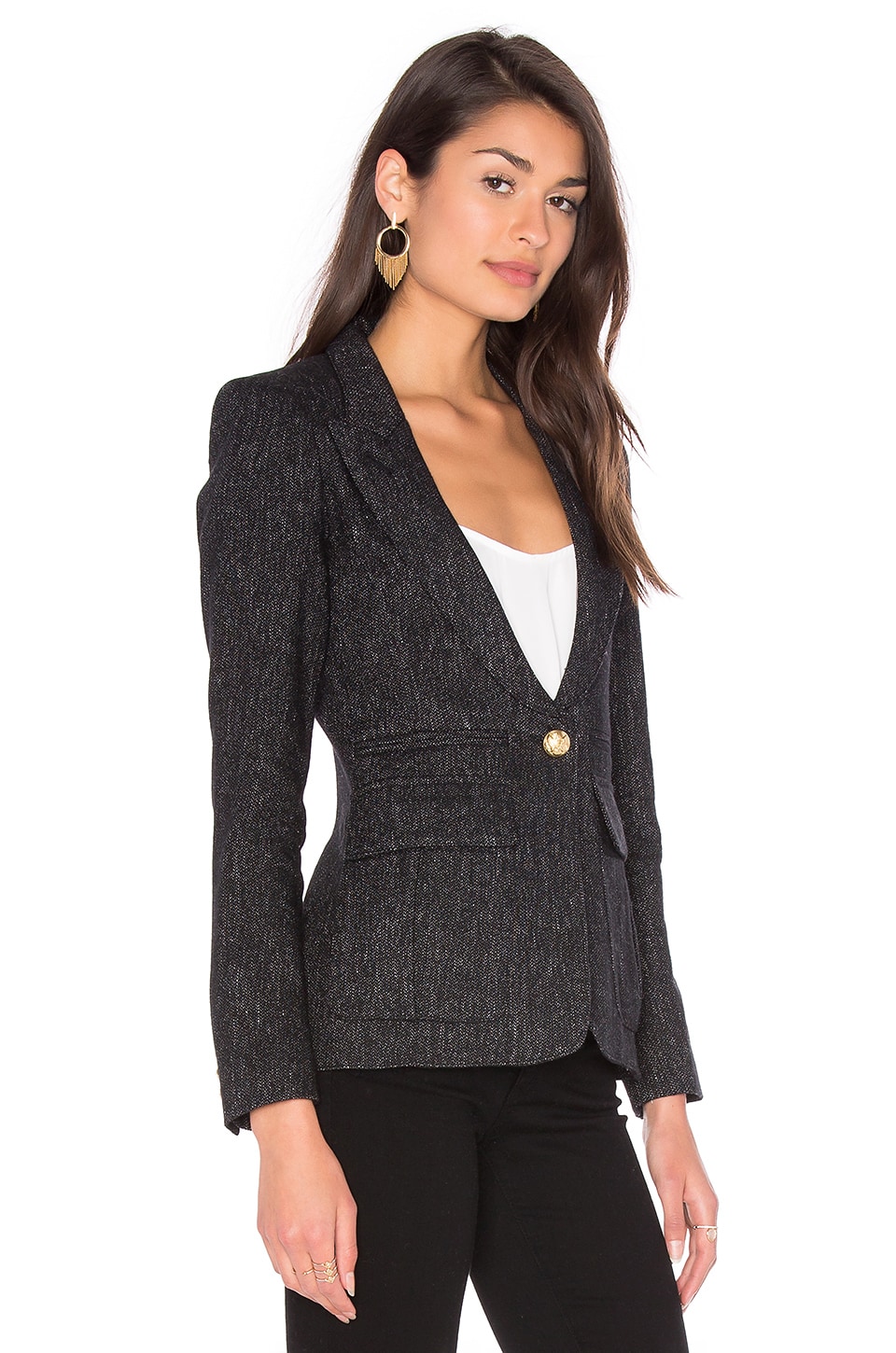 Smythe Peaked Lapel Inverted Pleat Pocket Blazer in Black Tweed | REVOLVE