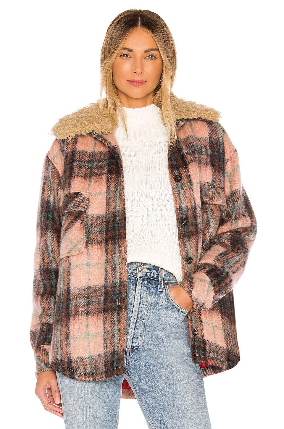 Smythe Faux Fur Collar Workwear Jacket in Buff Plaid | REVOLVE