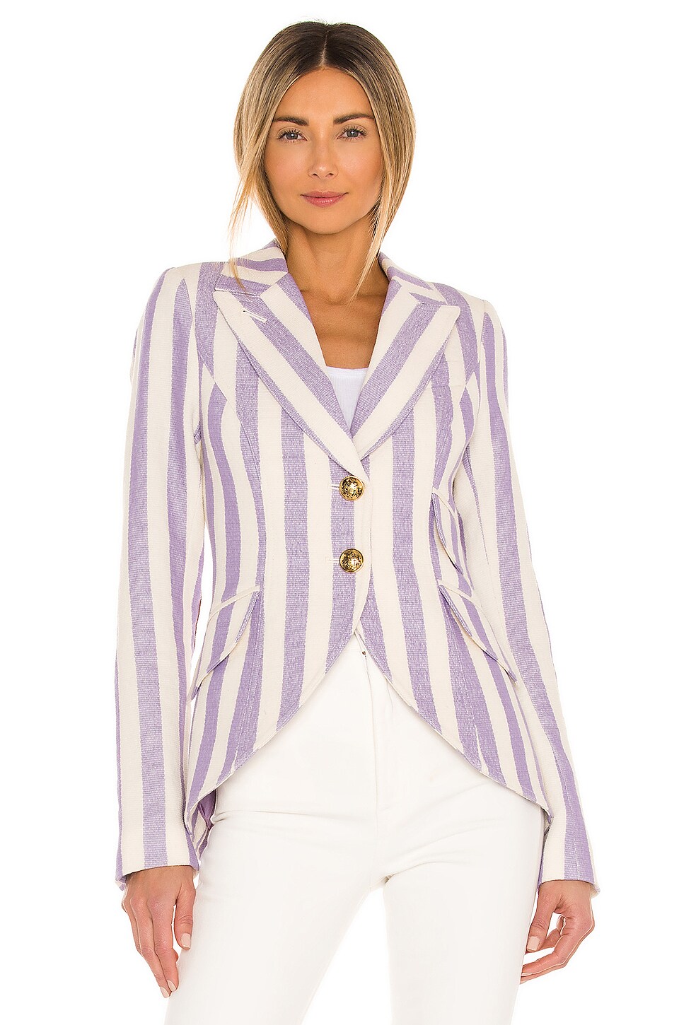 Smythe Equestrian Blazer in Lavender Stripe With Mahogany Leather REVOLVE