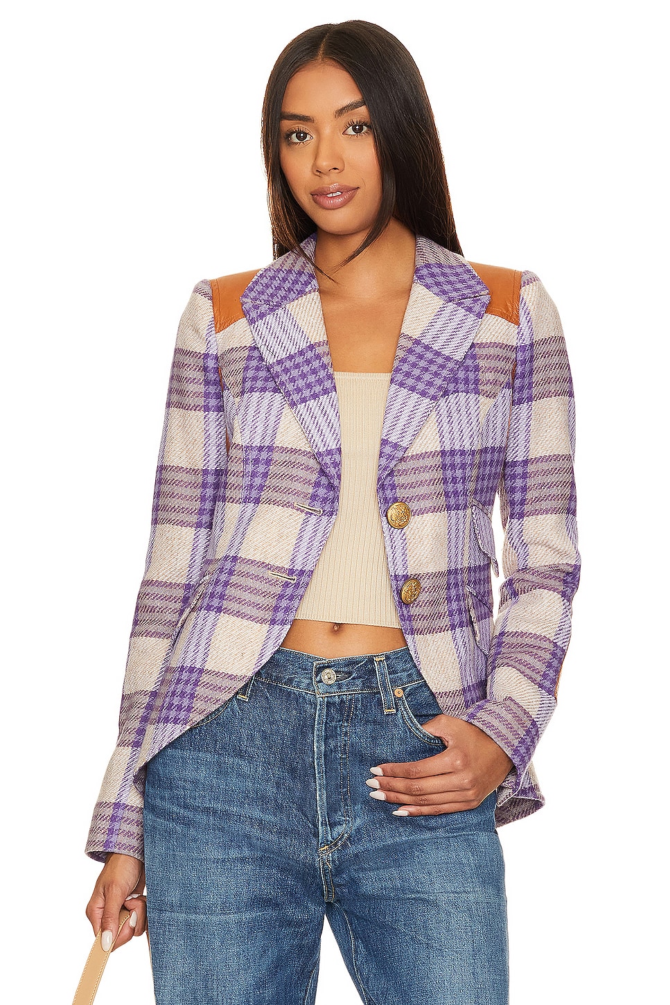 Smythe Rifle Patch Equestrian Blazer in Orchid Plaid With Whiskey