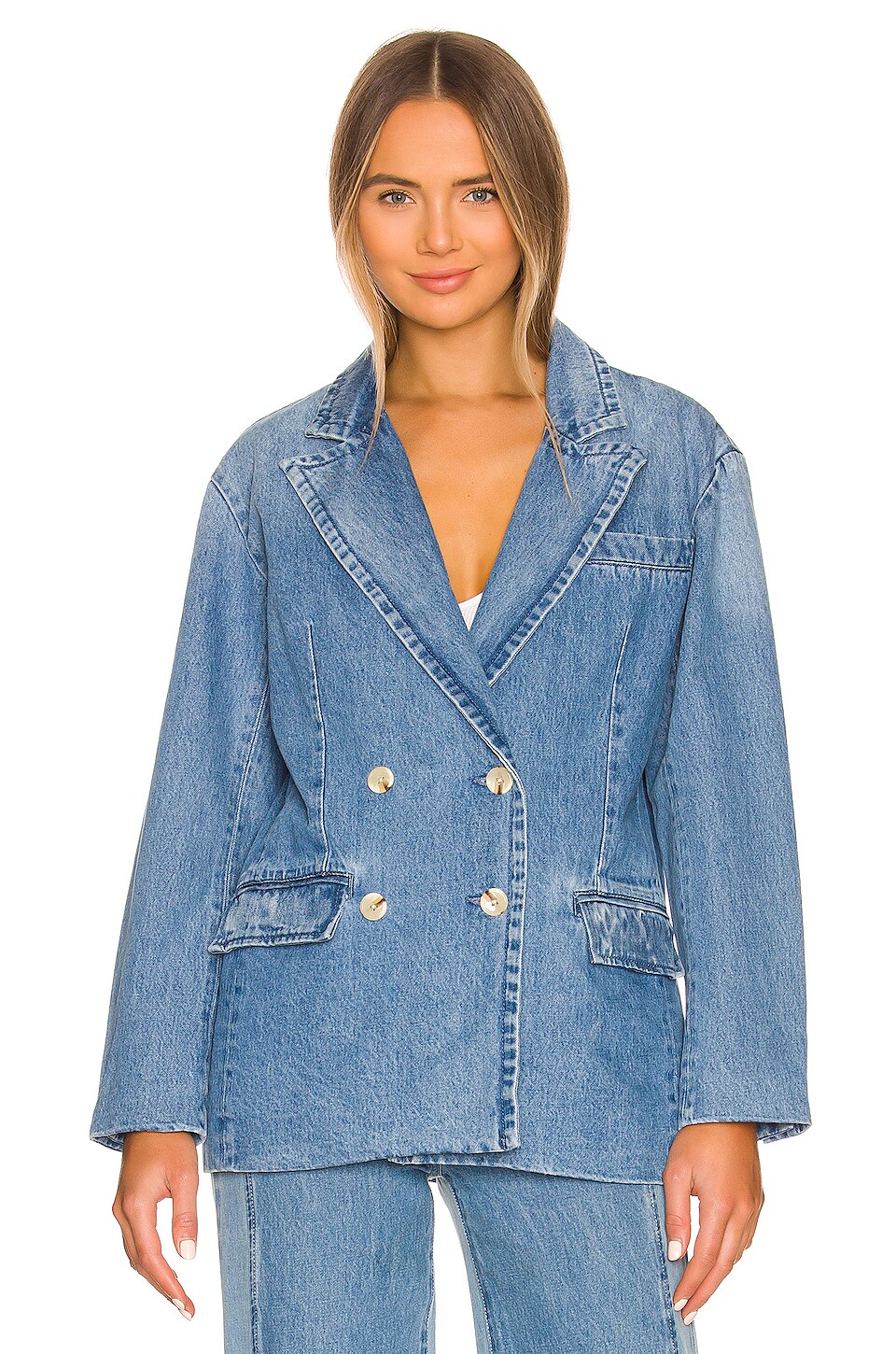 Something Navy Double Breasted Denim Blazer in Medium Blue