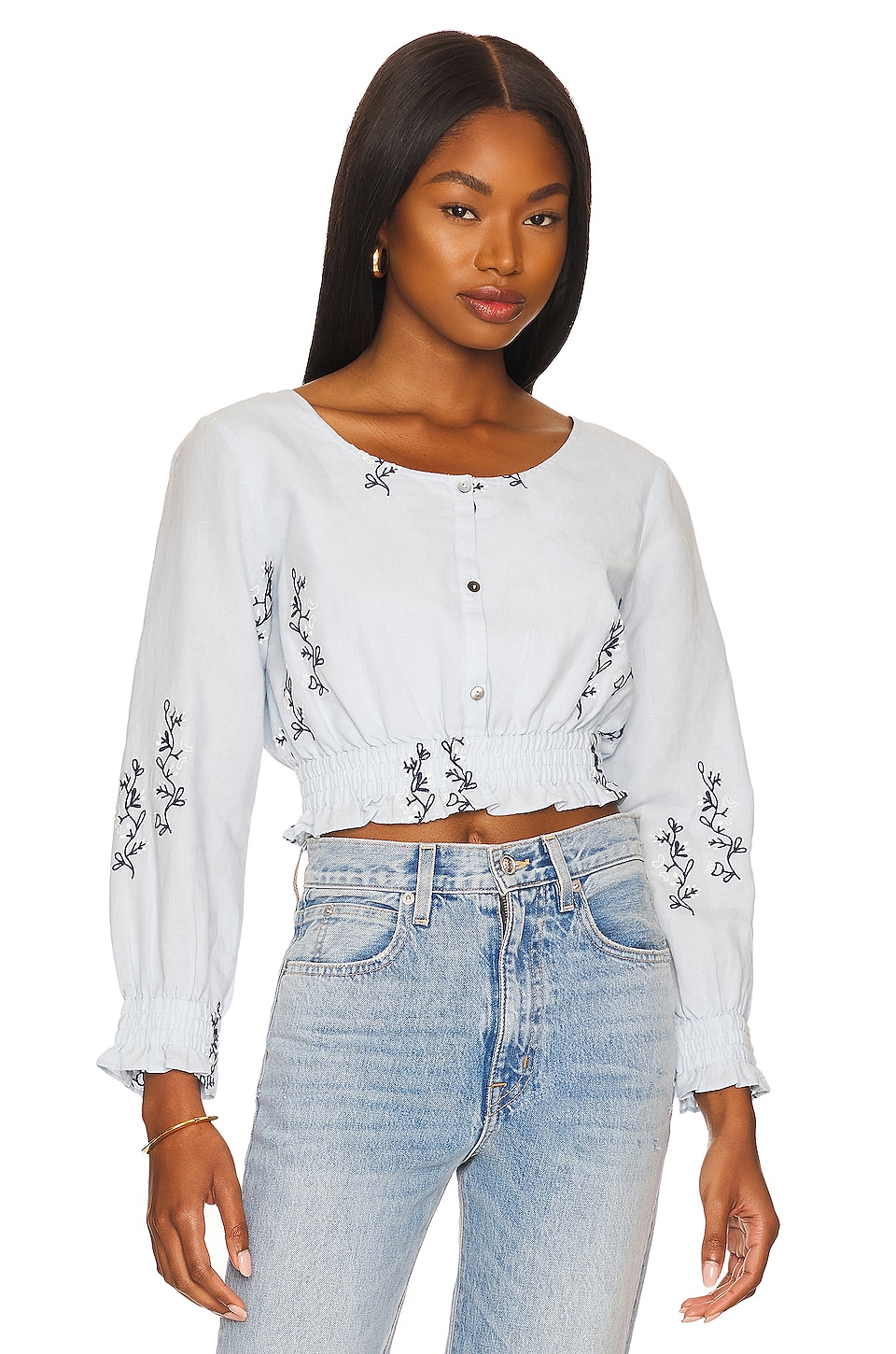 Navy Combo Something in Sleeve Top REVOLVE Blue Embroidered | Long Cropped