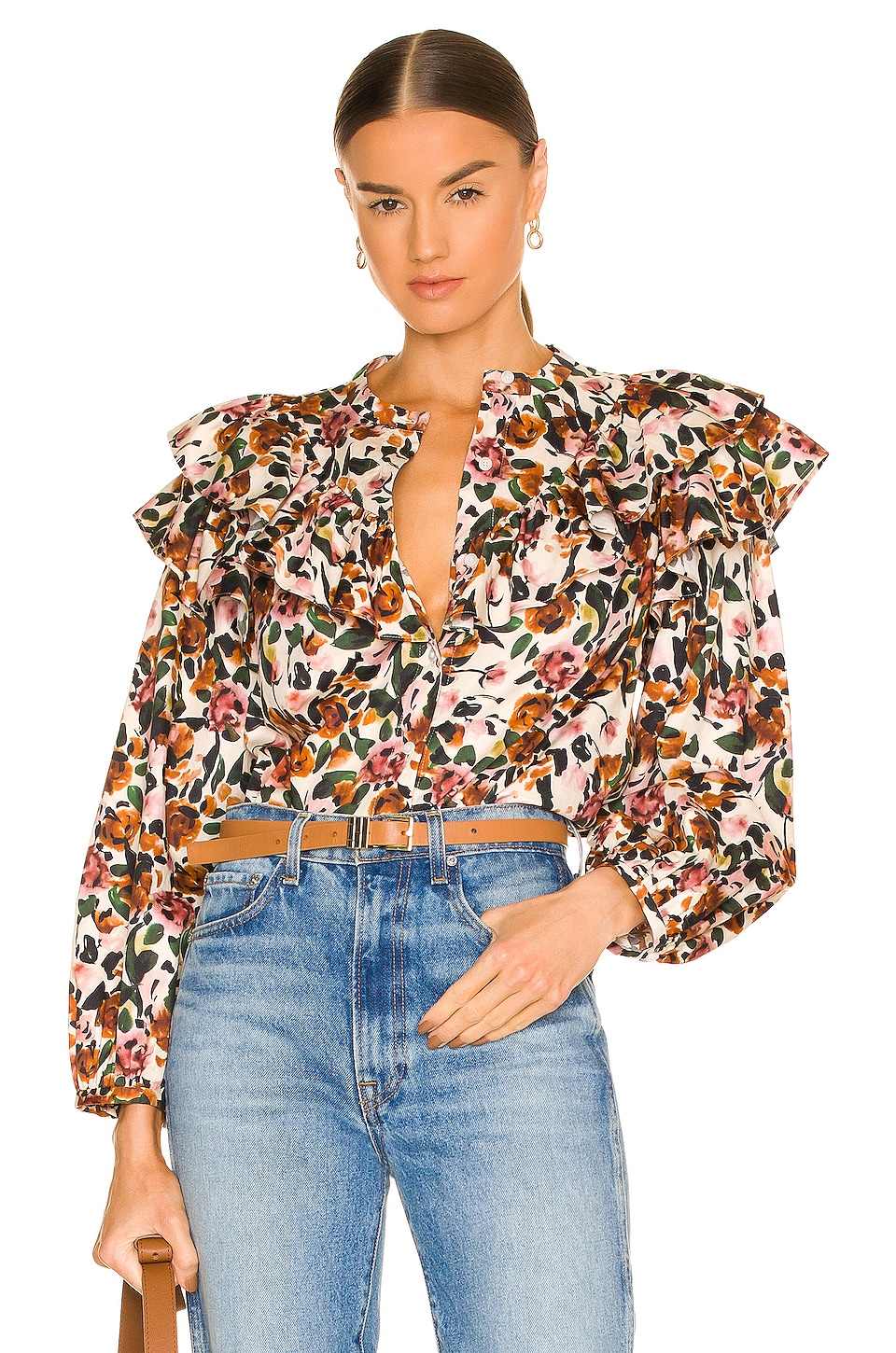 Something Navy Floral Ruffle Blouse in Cream Multi | REVOLVE