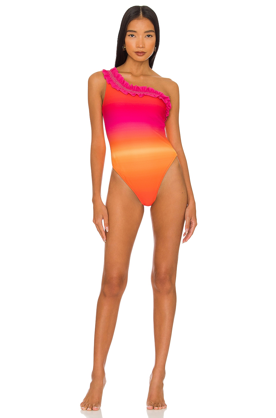 Something Navy One Shoulder Ruffle One Piece in Pink Combo | REVOLVE