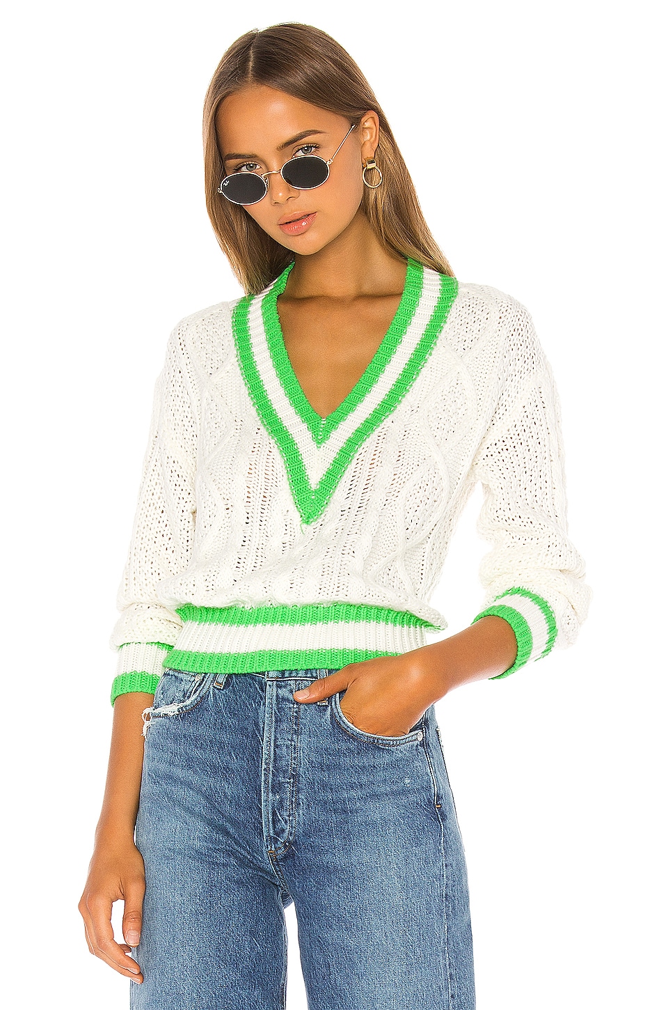 view 1 of 4 Karen Deep V Sweater in Cream & Neon Green