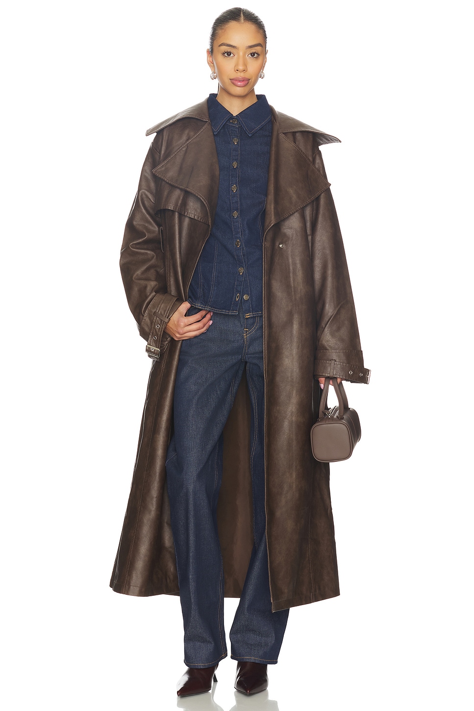 superdown Astra Faux Leather Trench in Brown | REVOLVE