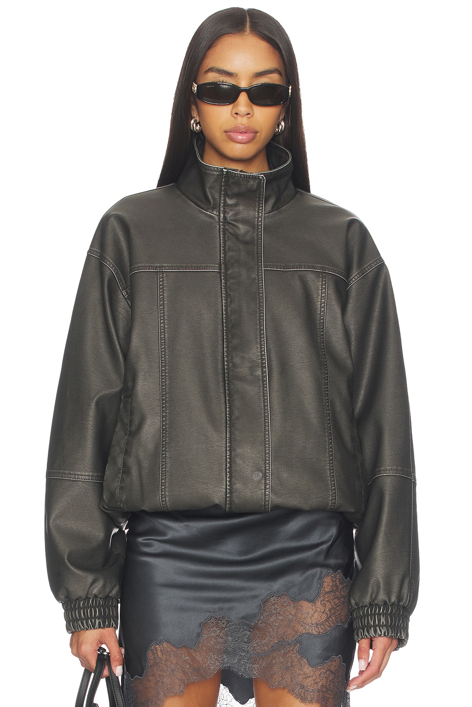 Jaide Faux Leather Bomber in Black View 1 of 5