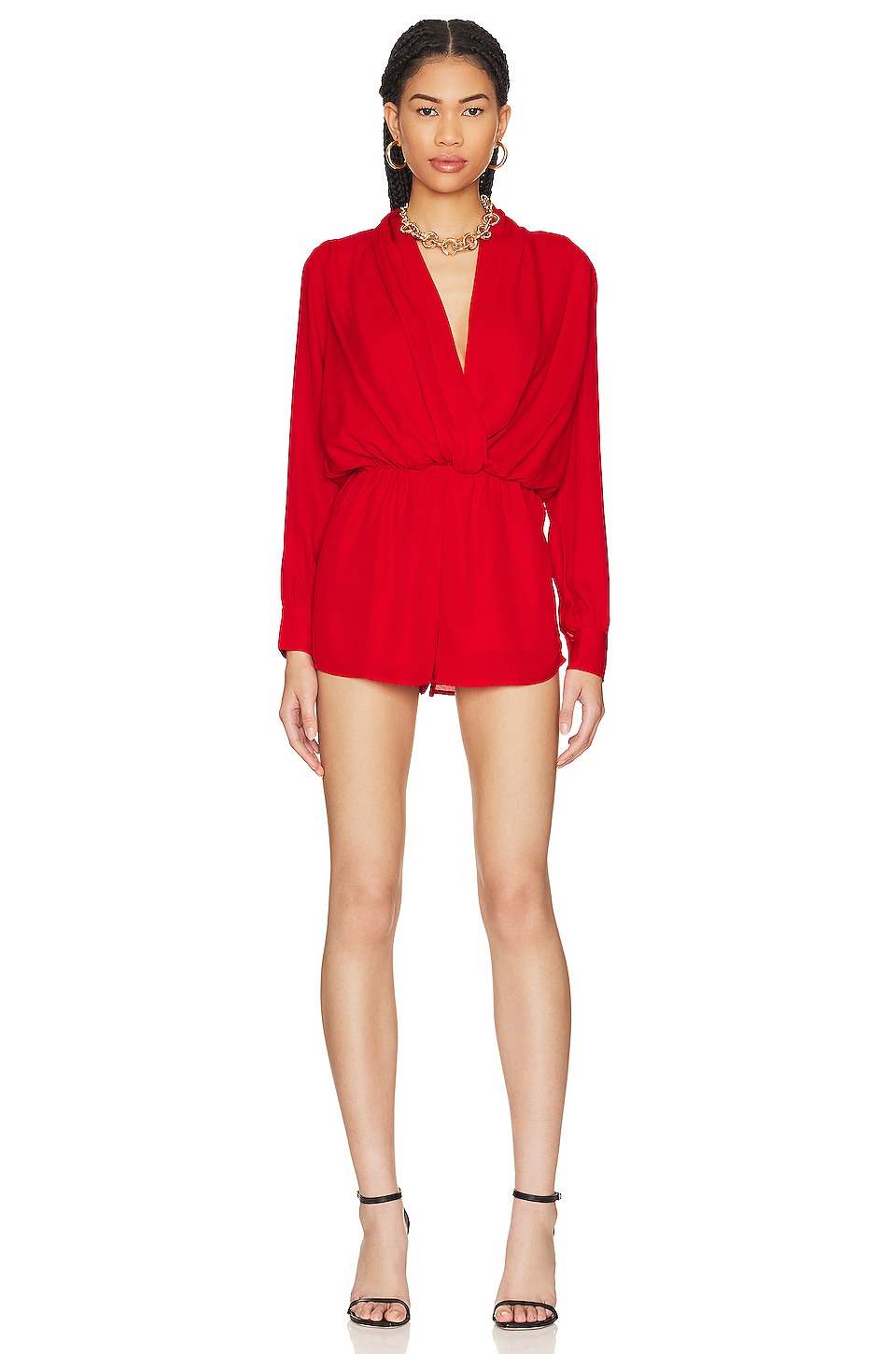 view 1 of 4 Kaycie Drape Neck Romper in Red