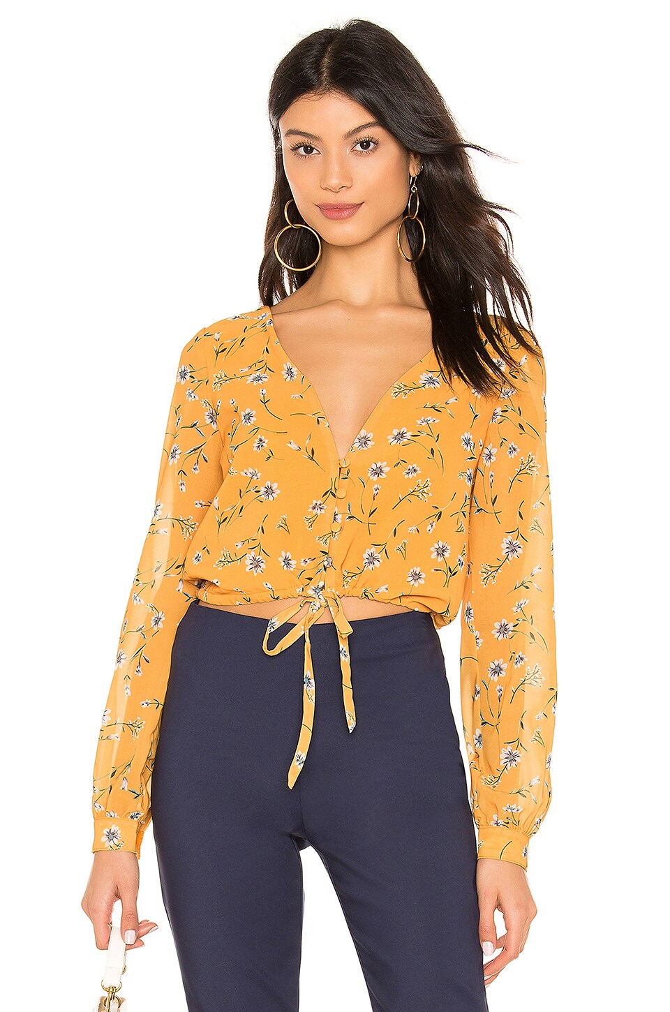 yellow floral tie front top