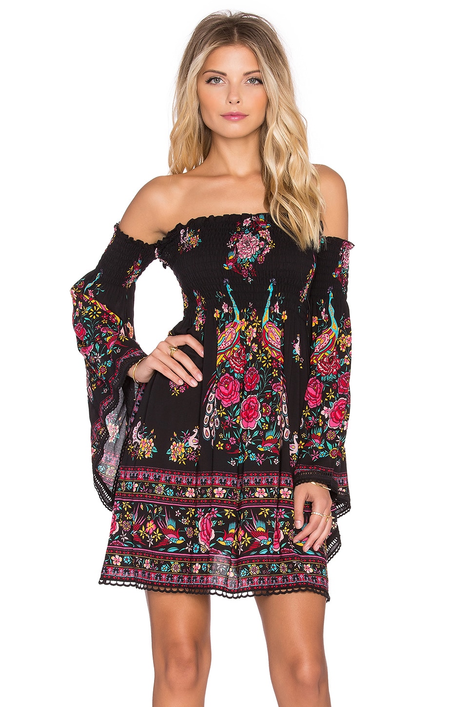 SPELL Hotel Paradiso Bell Sleeve Mini Dress in Jet | REVOLVE