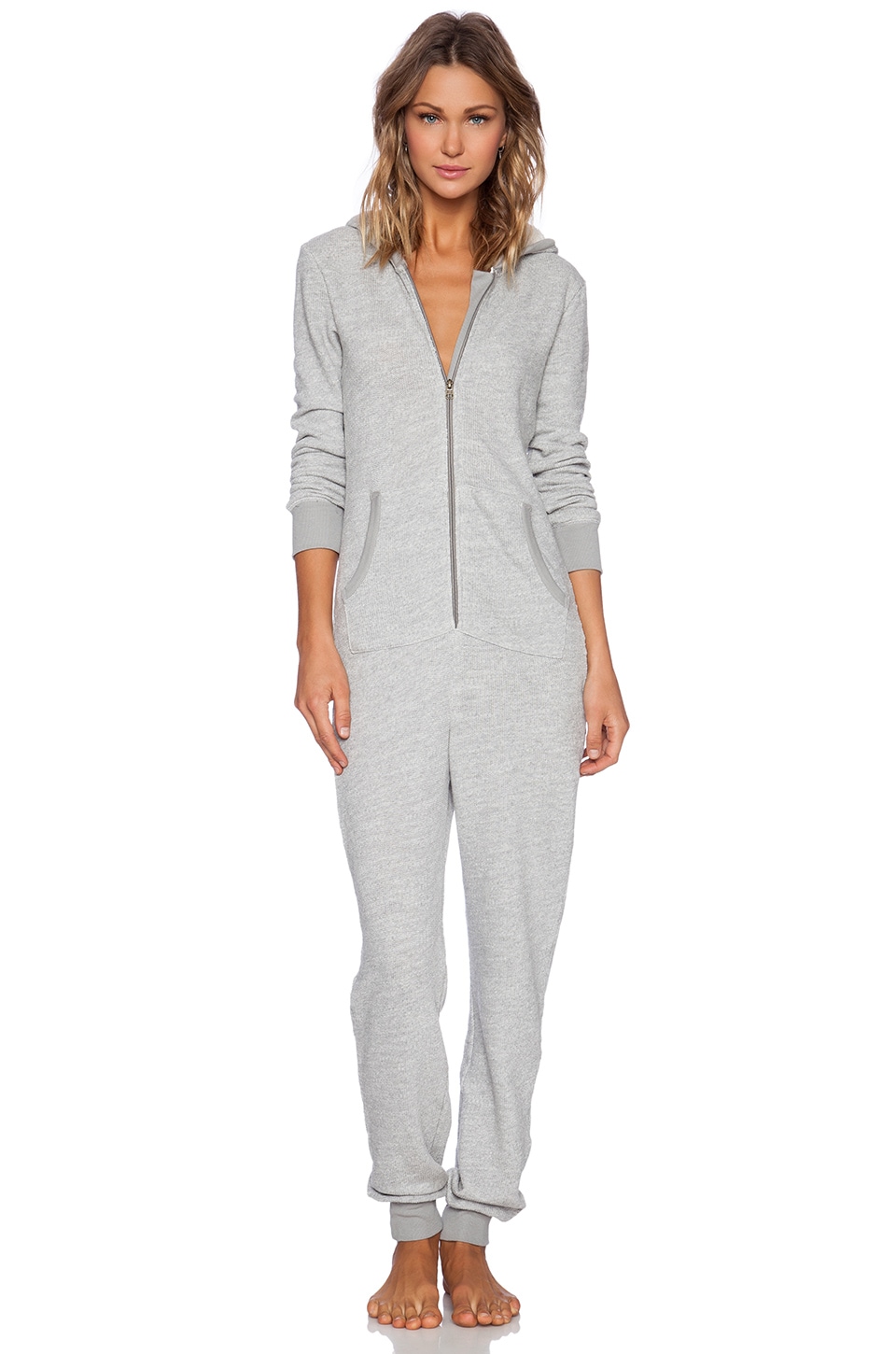 Splendid Long Sleeve Hooded Romper in Medium Heather Grey | REVOLVE