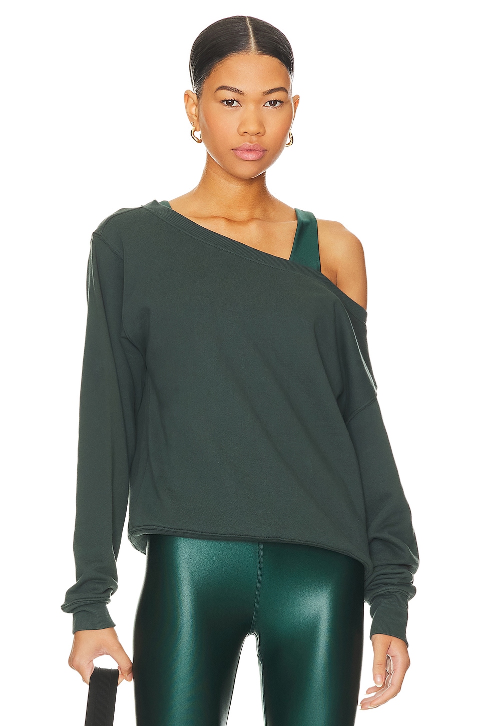 Spiritual Gangster Vida Off Shoulder Sweatshirt in Deep Forest