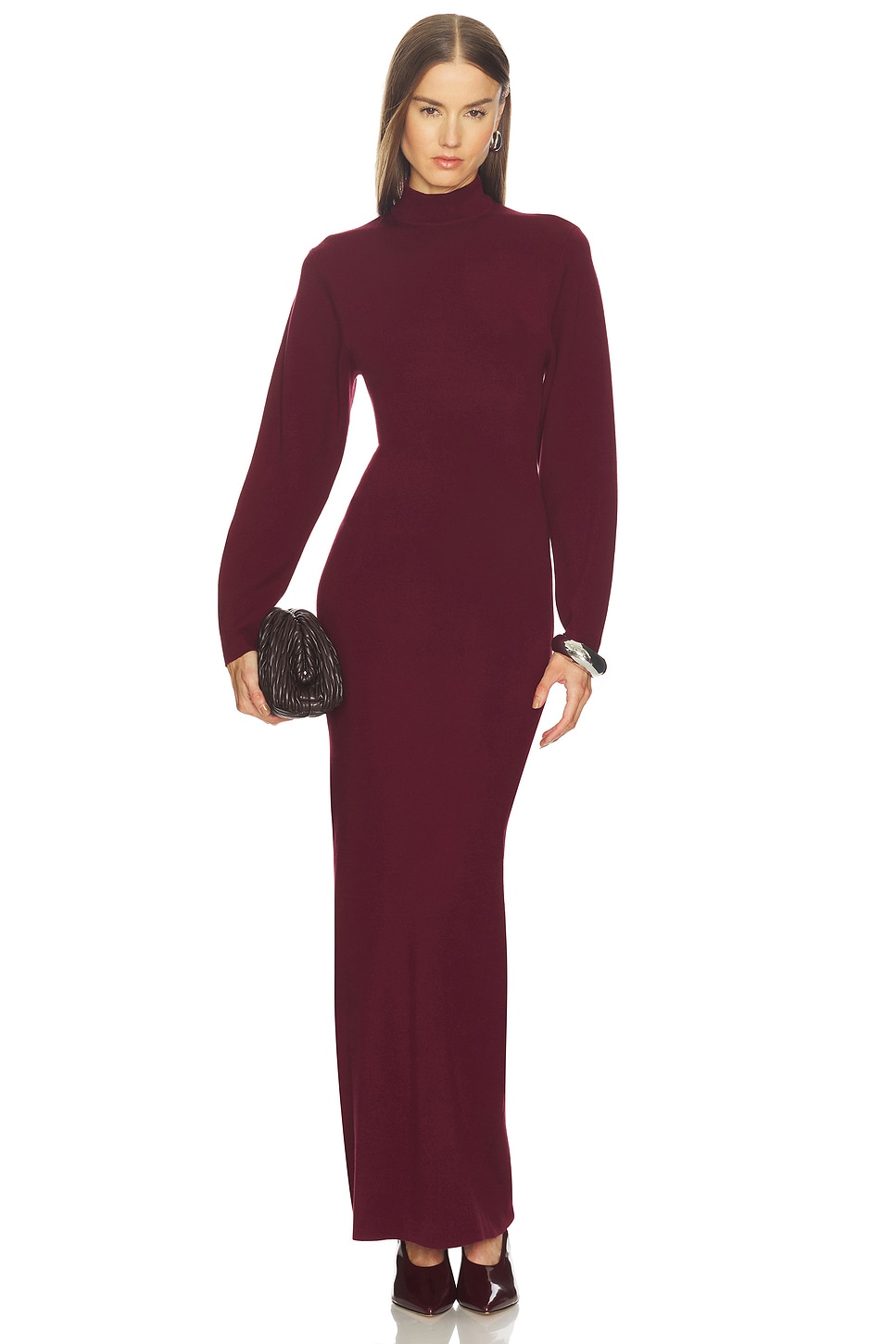 SRG Gloria Mock Neck Maxi Dress in Burgundy | REVOLVE