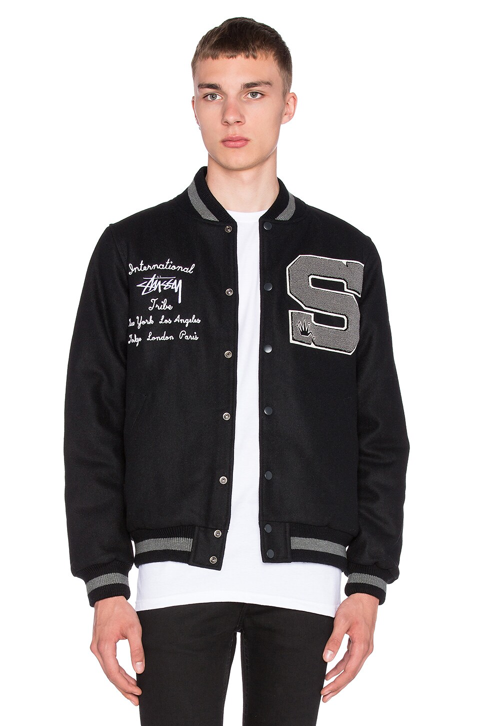 Stussy Big S Letterman Jacket in Black | REVOLVE