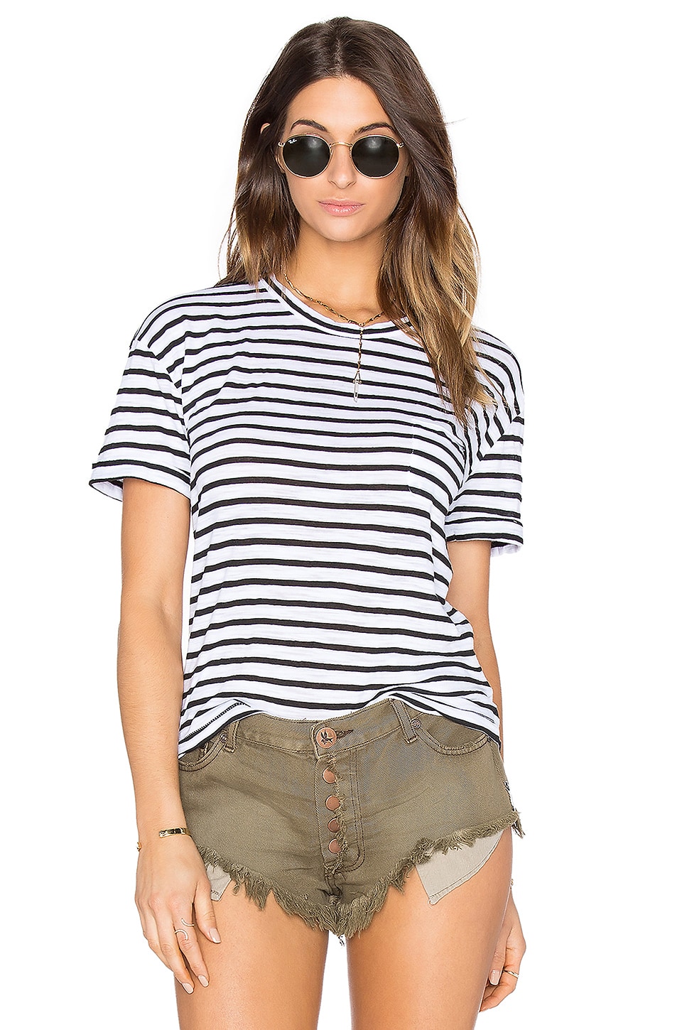 Stateside Supima Slub Black Stripe Tee in White