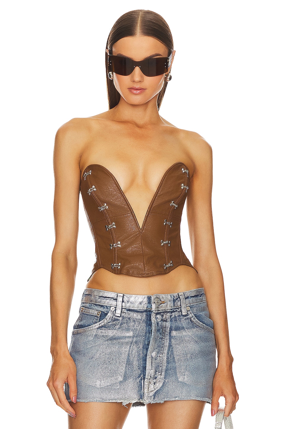 Sketch-Y X Revolve Zorya Faux Leather Corset in Brown & Silver