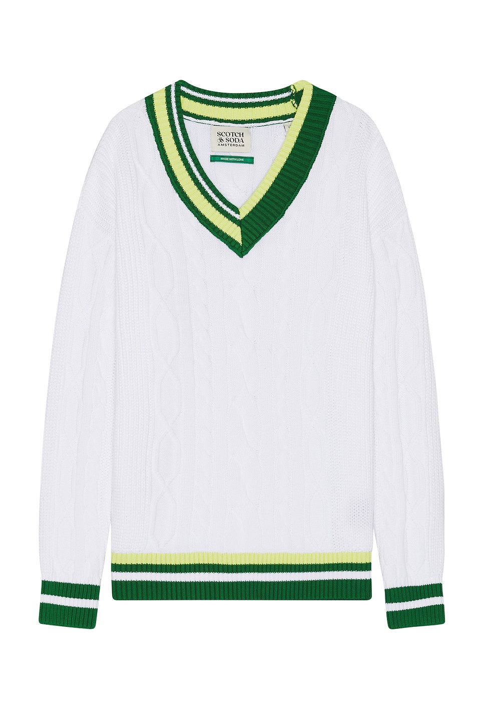 Scotch & Soda V Neck Dropped Shoulder Cable Knit Sweater in
